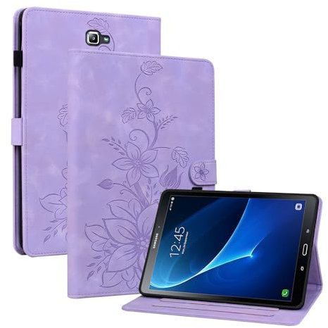 Rosbtib Funda para Samsung Galaxy Tab A 10.1 Pulgadas 2016 SM-T580/ T585, Funda Protectora de Visualización Multiángulo con [Ranura para Tarjetas] [Cierre Magnético], Lirios Púrpura