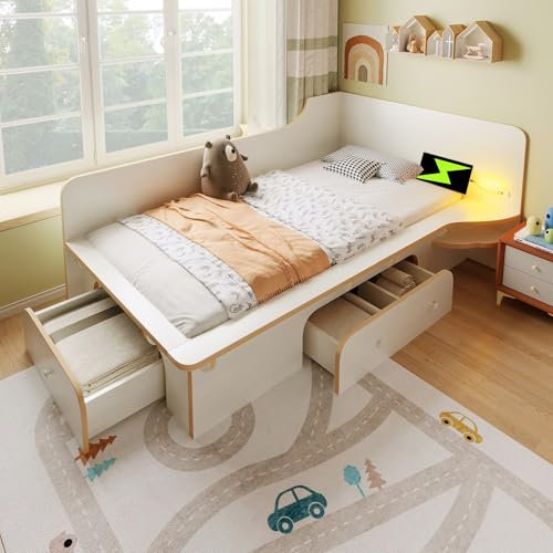 Merax Kinderbett Holzbett 90x200cm Einzelbett mit Stauraum, Bettgestell mit Lattenrost, 3 Schubladen, Leselicht, Ladefunktion, Jugendbett Funktionsbett Flachbett, Metallrahmen, Ohne Matratze, Weiß