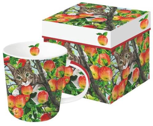 PPD Tasse Tiermotive Katze im Apfelbaum aus Porzellan. Motivtasse für den gedeckten Tisch und als Geschenk. 0,4L x H10,5cm