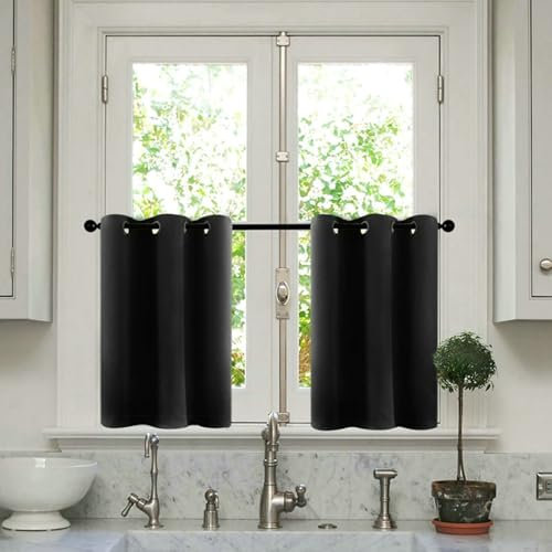 Homxi Lot de 2 Rideaux de Cuisine Courts,2 x 86W x 91.5H CM,Rideaux Brise Vue Salon Noir Couleur Unie Rideau Court Oeillets