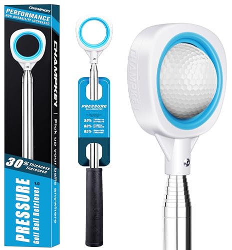 CHAMPKEY Golf Ball Retriever Double-Sided - Durable Stainless Steel Shaft with Non-Slip Grip | Golf Accessory for Water Hazards & Course Rough | Select from 9Ft/12Ft/14.5Ft/16.3Ft Lengths(Blue, 12Ft)