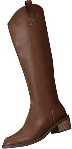 Stivali lunghi da donna con chiusura lampo, stivali da cowboy, stivali alti in pelle, marrone, 36