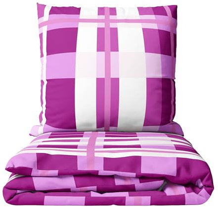 Leonado Vicenti Biber Bettwäsche Set 135x200 cm + 80x80 cm Gestreift Kariert Lila Weiß Kuschelig Warm Winter Reißverschluss 2 teilig