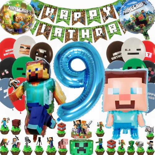 Kiwochy Kindergeburtstag Deko 9 Jahre Luftballon 9. Geburtstagsdeko Miner Gamer Geburtstag Party Deko Spiel Luftballon Miner Gamer Kindergeburtstag Happy Birthday Banner Cupcake Toppers