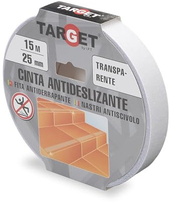 TARGET Cinta Antideslizante Adhesiva, Seguridad, Escaleras, Rampas | Para interior y exterior, Anti caída (TRANSPARENTE, 15 M X 25 mm)