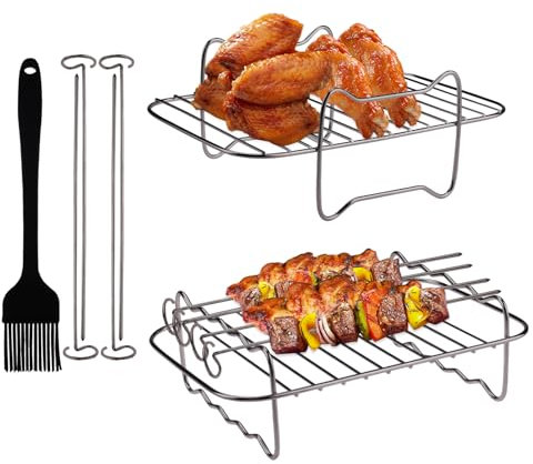 Velicber 2 Piezas Rejilla para Freidora de Aire Rejilla para Freidora de Acero Inoxidable 304, con 4 Brochetas y 1 Cepillo de Aceite, Rejilla de Doble Capa Compatible para Ninja DualZone DZ201/401