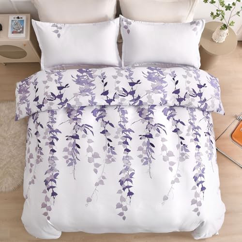 King Size Duvet Cover Sets Bed Cover Botanical Purple King Size Bedding Set Polyester Breathable Stylish Bedding Set with Pillowcases 3PCS, Purple Leaves, 220x230cm