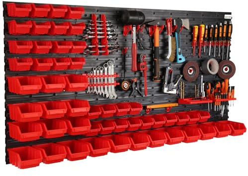 Werkzeugwand Wandregal mit 160x80cm Abmessungen Behälter 51 tlg. Set im Schwarz/Rot Werkzeughalter Werkstattregal aus Kunststoff Lagersystem Schüttenregal Extra Starke Regal Erweiterbar Lagerregal