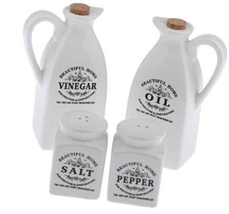 4 Pieces White Ceramic Cruet Set for Oil Vinegar Salt Pepper Kitchen Tool Gadget