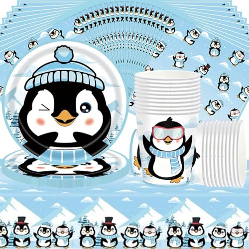 61-teiliges Penguin Party Geschirrset, Winter-Kinderparty-Dekorationen, einschließlich Papierbechern, Papptellern, Servietten und Tischdecke mit Pinguin-Motiv, für 20 Gäste