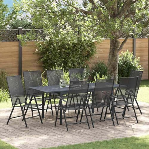 Teenpull Garten Essgruppe 9-teilig Stahl, Anthrazit, Rechteckiger Ausziehtisch mit 8 Stühlen, Modernes Outdoor Esszimmer Set für Terrasse, Veranda, Balkon