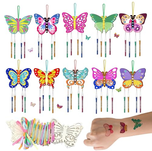 8 PCS Butterflies Wind Chime Crafts, Make Your Own Butterflies WindChime, Birthday Decoration Wood Painting Craft with Hanging, Birthday Gifts for Girls Boys