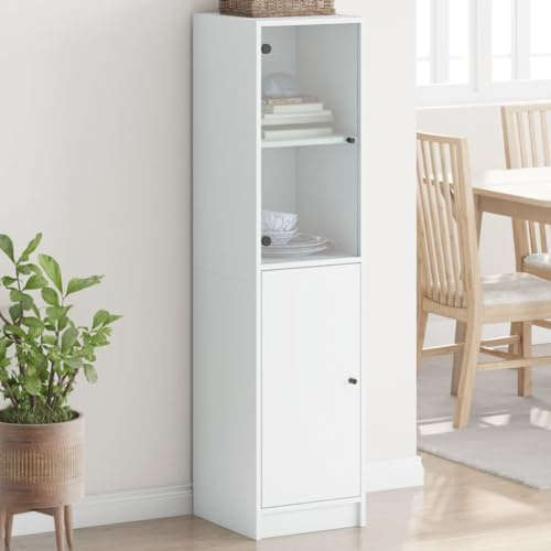 GeenYuu Modernes Highboard mit Glastür, Weiß, 35x37x142 cm, Holzwerkstoff, schmale Kommode, vielseitiger Stauraum für Wohnzimmer, Flur, Schlafzimmer, Elegantes Design