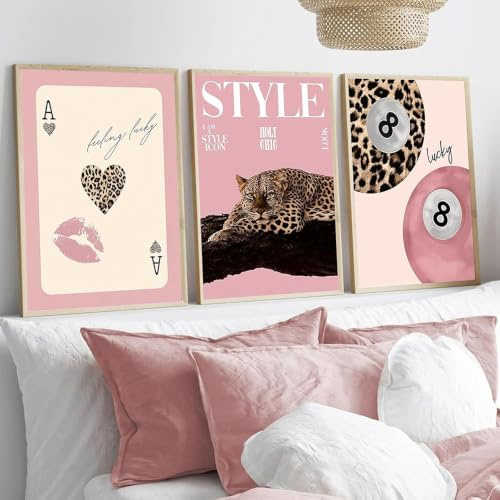 3 Bilder Leopard Pink Poster Y2k Rosa Billiard Kugel 8 Gepard Moderne Kunst Leinwand Deko Wand Wohnzimmer Schlafzimmer Teenager Mädchen Aesthetic Pink Wandbilder 30x40cm ohne Rahmen