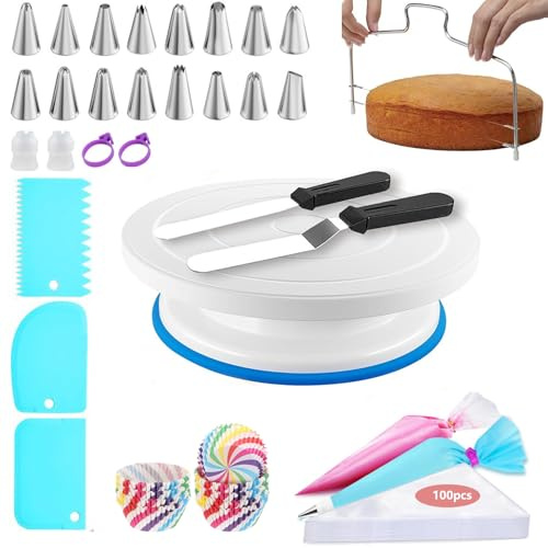 ORFCP Tortenplatte, Drehbarer Tortenständer, Kuchen Drehteller Dekorations Kits, Backzubehör mit Kuchenschabern, Tortenspachtel Glätter, Spritzbeuteln Spritzspitzen, Tortenzubehörset