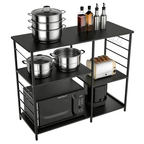 HUOLE Étagère de Cuisine, Support de Four à Micro-Ondes avec Cadre,Bar à Café avec Plan de Travail de, Support pour Micro-Ondes avec 8 Crochets,39 x 90 x 83 cm (D) (Noir)