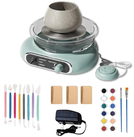 BORDEAG Mini-Töpferscheibe, Töpferscheibe Elektrisch, Elektrische Töpferscheibe, DIY Keramik Set 8-Teiliges Zubehörset Für Kreative Kunstprojekte Und Bastelspaß(Grün)