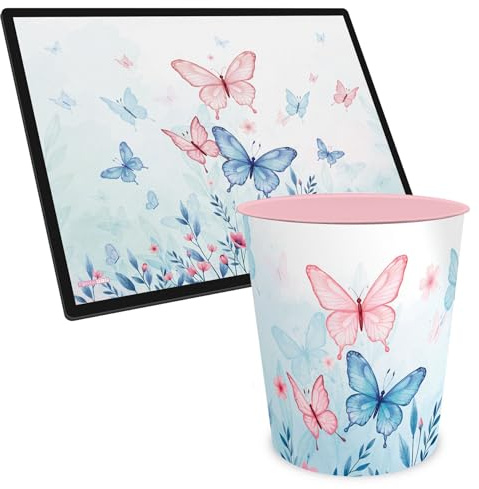 itenga Papierkorb ca. 11Liter und Schreibunterlage mit Motiv im Set - Papierkorb für Kinder und Erwachsene Büro Kinderzimmer (Motiv Schmetterling Elara)