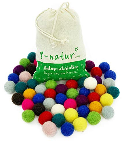 8-Natur „Mix Ferien“ Bunte Mischung aus 50 Filzkugeln 2,2cm dick aus Reiner Merinowolle zum Basteln von Girlanden, Baby Mobile und Filzkugelteppich oder einfach nur zur Deko