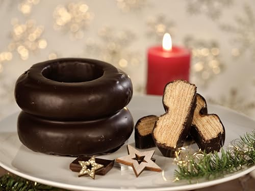 Bäckerei Nestler I Handgefertigter Baumkuchen 2 Ringe mit Zartbitterschokoladenüberzug I nach Familienrezept gebacken I vom Handwerksbäcker aus dem Erzgebirge I Handwerkliches Qualitätsprodukt