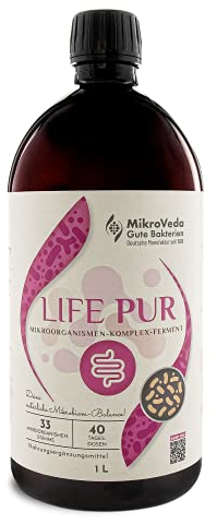 MikroVeda Life PUR 1l, Bio Enzymfermentgetränk, 33 Bakterienstämme, super-aktiviert, hoch zellverfügbar, bioverfügbar, vegan, roh, zertifizierter Hersteller