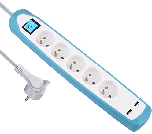 Electraline Gummy 35608 Bloc Multiprise 5 prises et 2 USB - couverture en silicone antidérapant - câble 2 mt - fiche plat