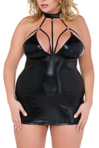 .Andalea Damen XXL Dessous Chemise Wetlook Negligee in schwarz Neckholder-Nachtkleid mit Bänder