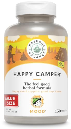 Natural Balance Happy Camper - Feel-Good Mood Support Supplement - Gotu Kola, Passion Flower, and Kava Kava Capsules - 60-Day Guarantee - 75 Servings, 150 VegCaps
