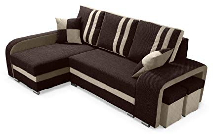 Robin York Ecksofa mit Schlaffunktion 2X Bettkasten 2X Kleine Kissen 2X Hocker Sofa L-Form Schlafsofa Freistehende Eckcouch Schlafcouch Wohnzimmermöbel Wohnlandschaft Schwarz Beige