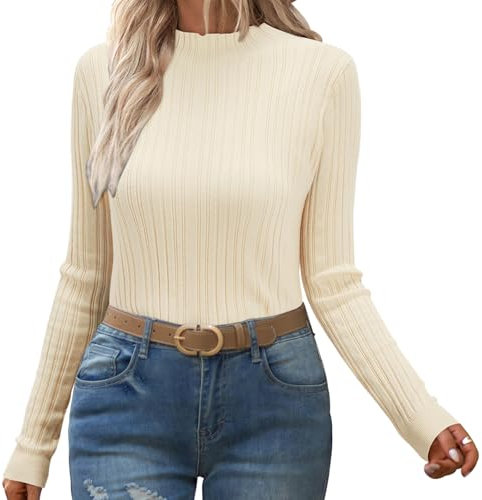 OUGES Women's Mock Turtle Neck Lightweight Jumpers Soft Ribbed Sweater Knitted Long Sleeve Top(Apricot, S)
