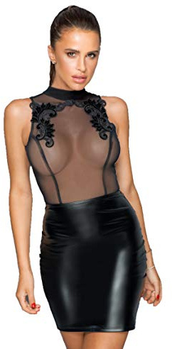 Teiltransparentes Minikleid mit Stickerei ärmellos in schwarz Dessous Kleid mit Wetlook Rock rückenfrei
