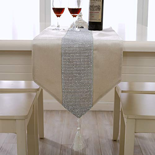 XCSLH Caminos De Mesa,Moderno Simple Planchado Diamante Mesa Runner Beige Bling Borla Comedor De Tela De Mesa TV Gabinete De Mesa De Boda Decoración del Hogar, 33 * 210Cm