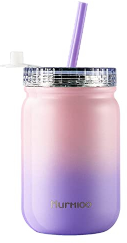 Murmioo trinkbecher mit strohhalm,smoothie flasche,Thermobecher Kaffee to Go,doppelwandig,vakuum isoliert,Strohhalm wiederverwendbar,18/8 Edelstahl,BPA Free 400ml violettfarben/pinkfarben