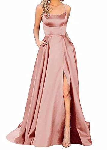Robe de bal longue pour femme, élégante, dos nu, dos nu, longue, coupe trapèze, croisée, satin, spaghetti, fête, fête, fête, mariage, soirée, avec poches, Rose