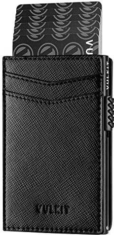VULKIT Kreditkartenetui Leder Kartenetui RFID Blocking Automatische Pop Up Visitenkartenetui für Karten & Notizen