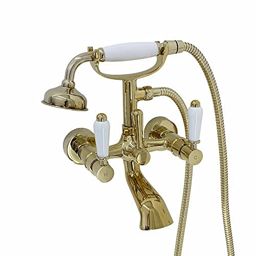 ENKI, Downton, BT0610 Wall Mounted Bath Shower Mixer Tap with White Ceramic Levers English Gold