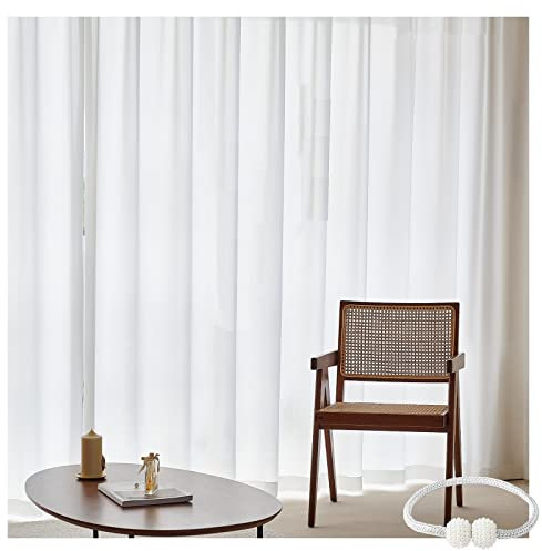 Style Japonais Rideau Demi-Transparent Voile Blanc À Oeillets Rideaux 2 Panneaux Pour Salon Chambre À Coucher,Blanc,W120xL140cm