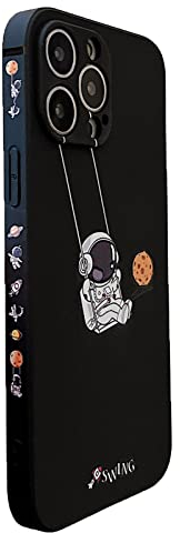 Yonds Queen for iPhone 12 Cute Case, Cool Cartoon Swing Astronaut Planet Moon Design Stylish Soft TPU Bumper Shockproof Anti-Slip Protector Case (iPhone 12, Black Planet)