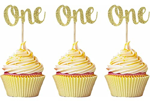 24 Stück OneCupcake Topper Probuk 1 Jahr Geburtstag,Baby Shower Dekoration, Kuchendeko Baby,Babyparty, Jubiläen,Glitter Cake,TopperDekoration Zubehör(Gold)