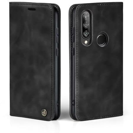 LBH Handyhülle für Huawei P30 Lite in Schwarz mit Karten- und Geldfach Smartphone Hülle mit Standfunktion Flip Case Schutzhülle Magnetverschluss Vintage