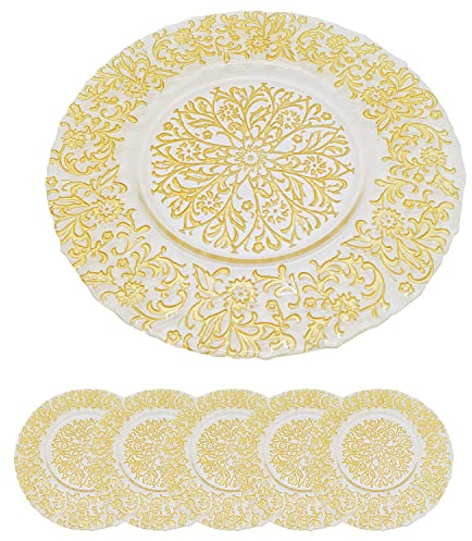Trimming Shop 13 Inch Gold Glass Charger Plates with Royal Design Perfect for Weddings, Parties, Dinner Table Decorations, and Special Events Durable Glass Chargers for Elegant Celebrations, 6pcs