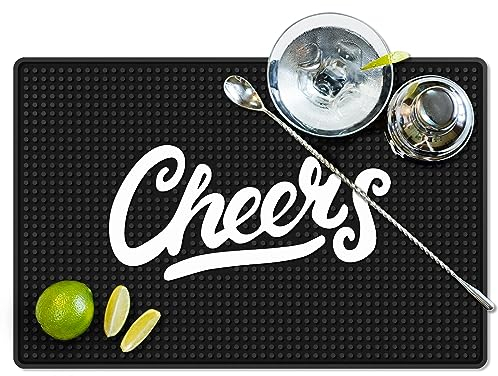 Knot and Style Barmatte – Cheers Muster, schwarz, 45,7 x 30,5 cm – rutschfest, auslaufsicher, langlebige Gummimatte für Hausbar und Barkeeper