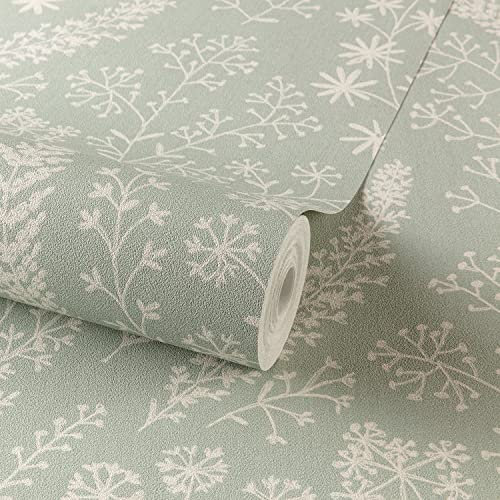 Grandeco Astrid Embroidery Stitch Herbarium Foliage Trail Vinyl Wallpaper, Sage Green A58702