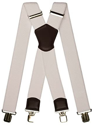 Olata Extra Breite Herren Hosenträger X-Form Metall Clip mit Schwarz Leder – 5 cm. Weiß (Silber Clips)