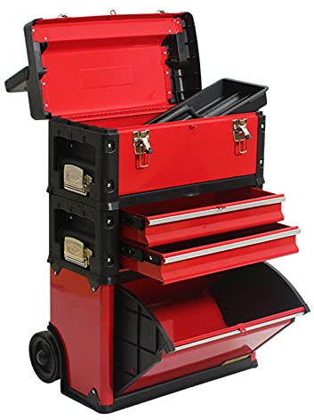 Werkzeugbox/Werkzeugkästen Stapelbare Toolbox Rolling Mobile Organizer Fall mit Teleskop □ Griffgriff aufrechter Wagen mit Rädern und Schubladen Werkzeugschränke Werkzeugaufbewahrung ( Color : Rood )