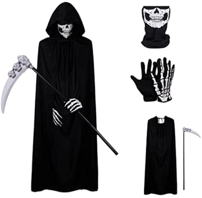 Veroda Mysterious Horror Reaper Costumes for Halloween Dress Up Death Costumes Hooded Cape Gloves Scythe (adult)