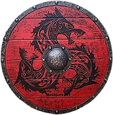 Mittelalterliche Wikinger-Ära für Erwachsene, Größe 61 cm, Schild, handgefertigt, Naturholz und Eisen, Kampfspiel, Halloween, Krieger, Cosplay, dunkelrot