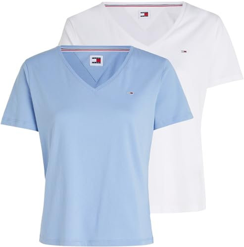 Tommy Jeans Camiseta de Manga Corta para Mujer Slim Cuello de Pico, Multicolor (White / Blue), XS