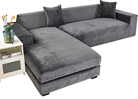 GUYIRT Strecken Sofabezug L Form Samt, L Form Sofa überzug 2 Stück Couchbezug L Form Weicher Möbelschutz Mit Elastischem Boden Für Hunde Und Katzen -dunkelgrau-4+2 Sitzer