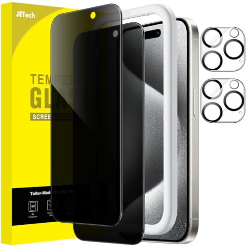 JETech Privacy Pellicola Protettiva per iPhone 15 Pro 6,1 Pollici con Protezione Fotocamera, Strumento Installazione Facile, Vetro Temperato Film Anti-Spy, Pacco da 2 Ciascuno